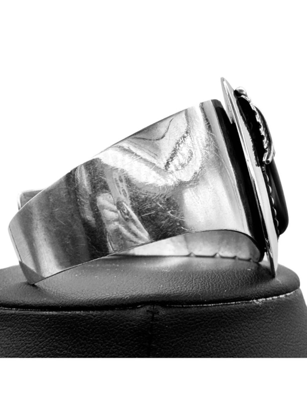 Southwestern Cuff Bracelet Sterling Silver Black Onyx By RMJ 44g Modern Design - Picture 9 of 12